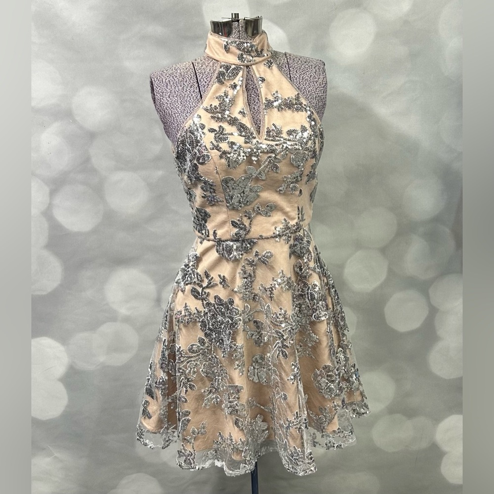 Gianni Bini Champagne and Silver Embroidered Halter Fit-and-Flare Dress
